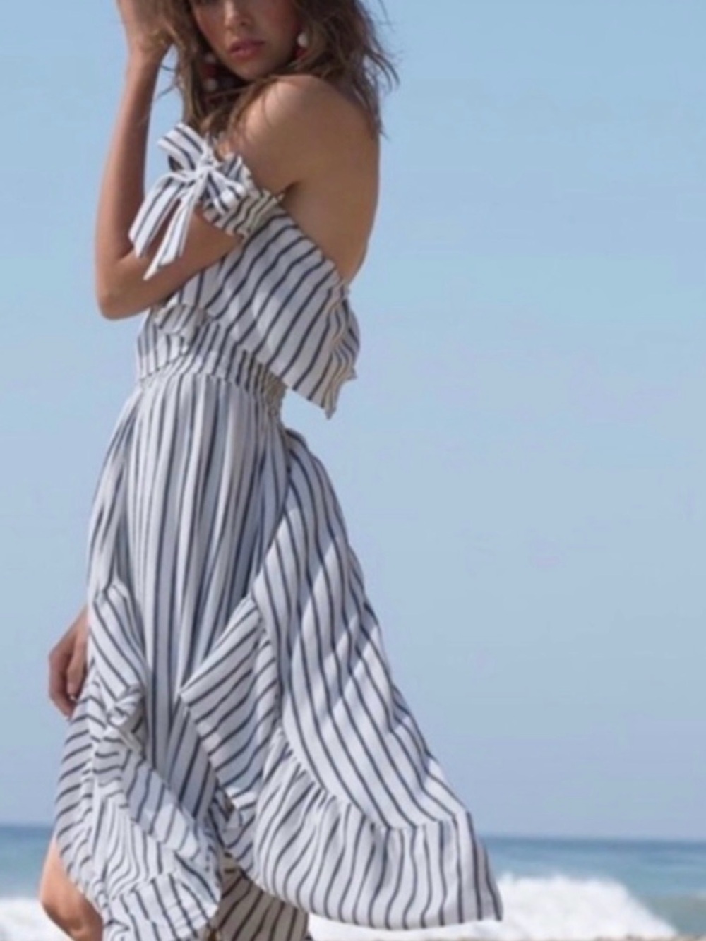 MISA LOS ANGELES ROSA STRIPED OFF SHOULDER RUFFLE MIDI DRESS SIZE M - Picture 4 of 12